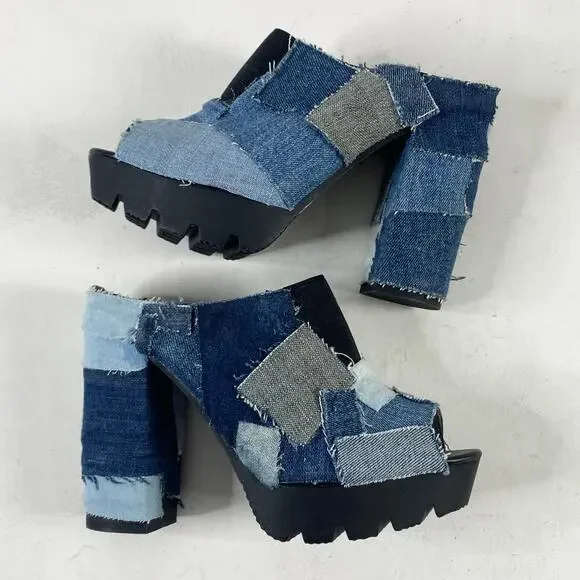 Retro Qupid Patchwork Denim Peep Toe Chunky Slip On Block Heel Mules Sz 7 - Picture 11 of 11